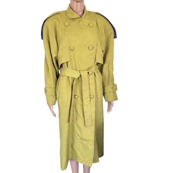 Vintage Olive Yellow Trench Coat Belted Longline Double Breasted Oversized Retro - Picture 1 of 14